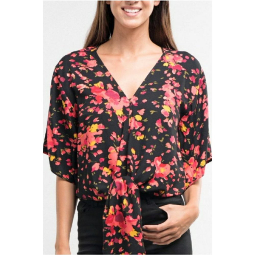 Lovestitch Kimono Sleeve Front-Tie V-Neck Black with Coral Floral Print Size S